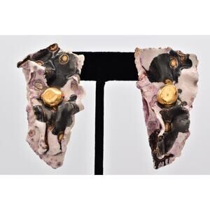 Lacombe Vintage Clip On Earrings Chunky Modernist Gold Art Deco 1988 BinAZ